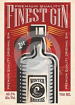 Finest gin retro poster ad with gin bottle on old paper texture