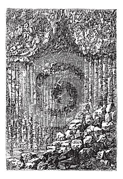 Fingal`s Cave in Staffa, Scotland, United Kingdom, vintage engraving