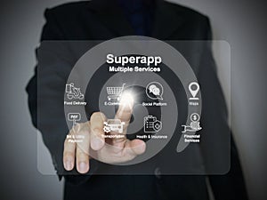 Finger activates a virtual screen of a super app that serves multiple services as a one-stop service