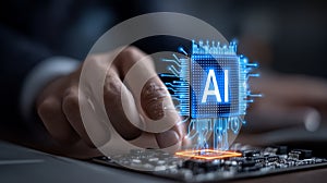 Finger activating an AI microchip on a circuit board representing machine learning computing power.