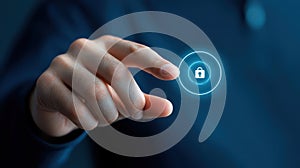 Finger activating a button, interface interaction in digital technology, control, access, automation