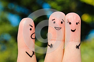 Finger art of people. concept of man scolds couple, they laugh.