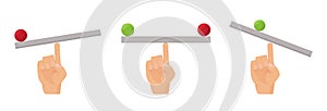 Finger balance. Human hand and seesaw, flat equilibrio desk with ball vector concept