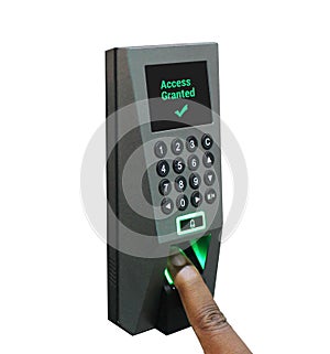 Finger on biometric access control security device - access granted for fingerprint photo