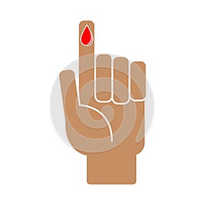 Finger with blood drop on white background