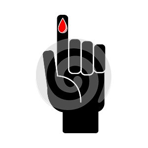 Finger with blood drop on white background