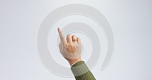 Finger, click and swipe with touchscreen button, press and interactive on a white studio background. Closeup, person and