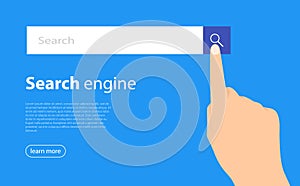 Finger clicking a search button. SEO - Search Engine Optimisation. Searching browsing internet data information