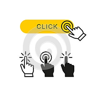 Finger clicks on yellow button and set hand pointer or mouse cursor push linear icon symbol