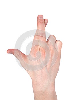 Finger crossed hand sign, good luck symbol isolated on white. Crossed fingers on a white background