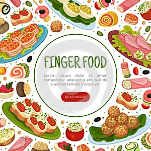 Finger Food Buffet Design with Different Snacks and Appetizers Vector Template