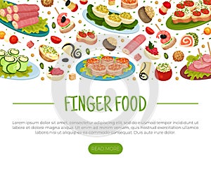 Finger Food Buffet Design with Different Snacks and Appetizers Vector Template