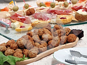 Finger food buffet with meat rolls