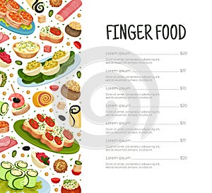 Finger Food Buffet Menuc Cover Design with Different Snacks and Appetizers Vector Template