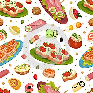 Finger Food Buffet Seamless Pattern Design with Different Snacks and Appetizers Vector Template