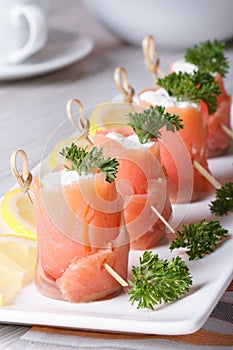 Finger food. Rolls of salmon closeup on the table vertical