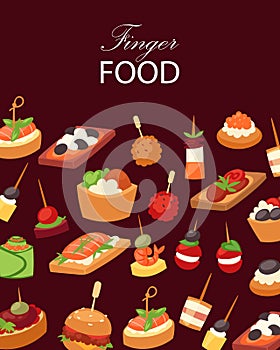 Finger food with shrimps, fish, olives and green vegetables appetizer, canapes, tapas on plate, cartoon background