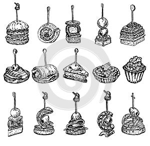 Finger food sketch. Tapas vector drawings illustration. Tapas and canapes sketch set. Food appetizer and snack sketch