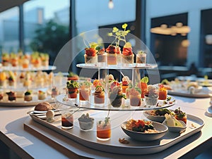 finger food style appetizer, sushi, gourmet in fine dining restaurant, appetizing intricate details, natural light,