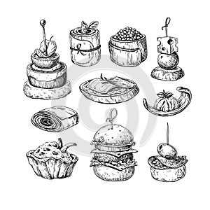 Finger food vector drawings. Food appetizer and snack sketch. Ca