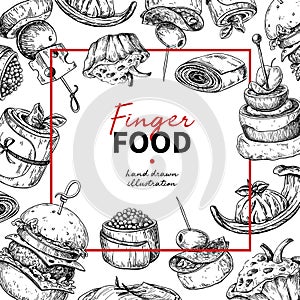 Finger food vector frame drawing. Catering service frame templat photo