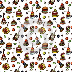 Finger food vector seamless pattern. Food appetizer and snack sketch. Color vector illustration. Canapes, sandwich