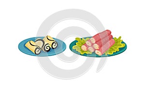 Finger Foods with Ham and Eggplant Wraps Stuffed with Creamy Condiment as Small Portion of Food Vector Set