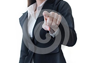 Finger hand of business woman pointing or press button isolated on white background