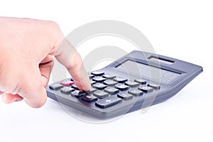 Finger hand put button calculator for calculating the numbers accounting accountancy business on white background isolated