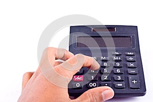 Finger hand put old dust button calculator for calculating the numbers accounting accountancy business and work white b