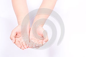 Finger hand symbols isolated concept join two cupped hands and open hands hopefully keeping on white background