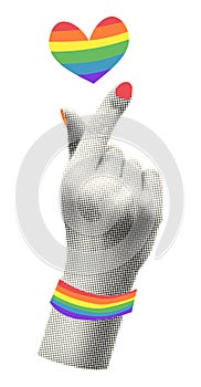 Finger heart gesture with rainbow heart vector illustration