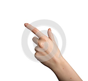 finger indicating aside, hand gesture isolated on white background