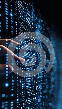 Finger Interacting with Cascading Binary Code Data Stream in Futuristic Technology Concept