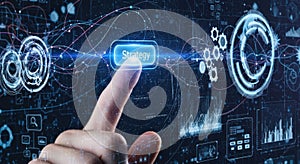 Finger interacting with futuristic holographic technology interface for data analysis white background