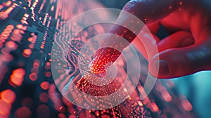 Finger interacting with glowing digital interface