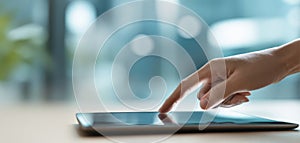 The finger interacting with a touchscreen tablet in a modern workspace. AI generated image