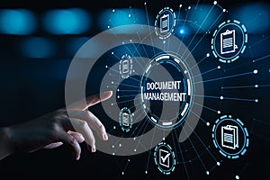 Finger touching document management system interface on a digital screen with glowing icons