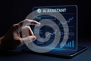 Person's Finger Touching AI Assistant Interface with Brain Icon and Data Visualizations AI assistant