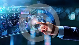 A finger interacts with a futuristic digital interface, showcasing data visualization and technological advancement