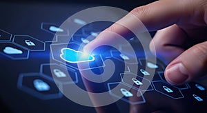 Finger interacts with glowing cloud computing network interface digital technology concept