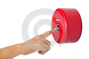 The finger of man Press the button fire alarm