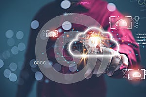 Finger of man touching artificial intelligence, AI brain in cloud computing network