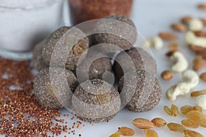 Finger millet ladus. Delicious and nutritious ragi flour ladoos adorned with almonds, cashews, and raisins. A wholesome Indian