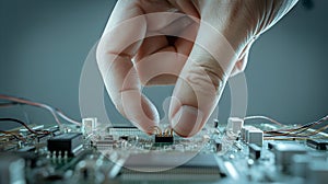 Finger placing a microchip onto a complex circuit board.
