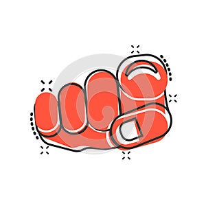Finger point icon in comic style. Hand gesture cartoon vector illustration on white isolated background. You forward splash effect