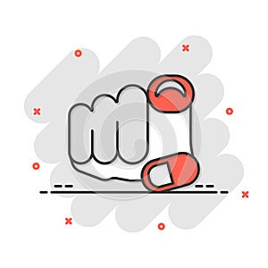 Finger point icon in comic style. Hand gesture cartoon vector illustration on white isolated background. You forward splash effect