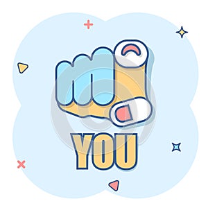 Finger point icon in comic style. Hand gesture cartoon vector illustration on white isolated background. You forward splash effect