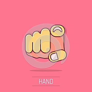 Finger point icon in comic style. Hand gesture cartoon vector illustration on white isolated background. You forward splash effect