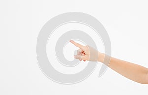 Finger point isolated white background. caucasian hand. Mock up. Copy space. Template. Blank.